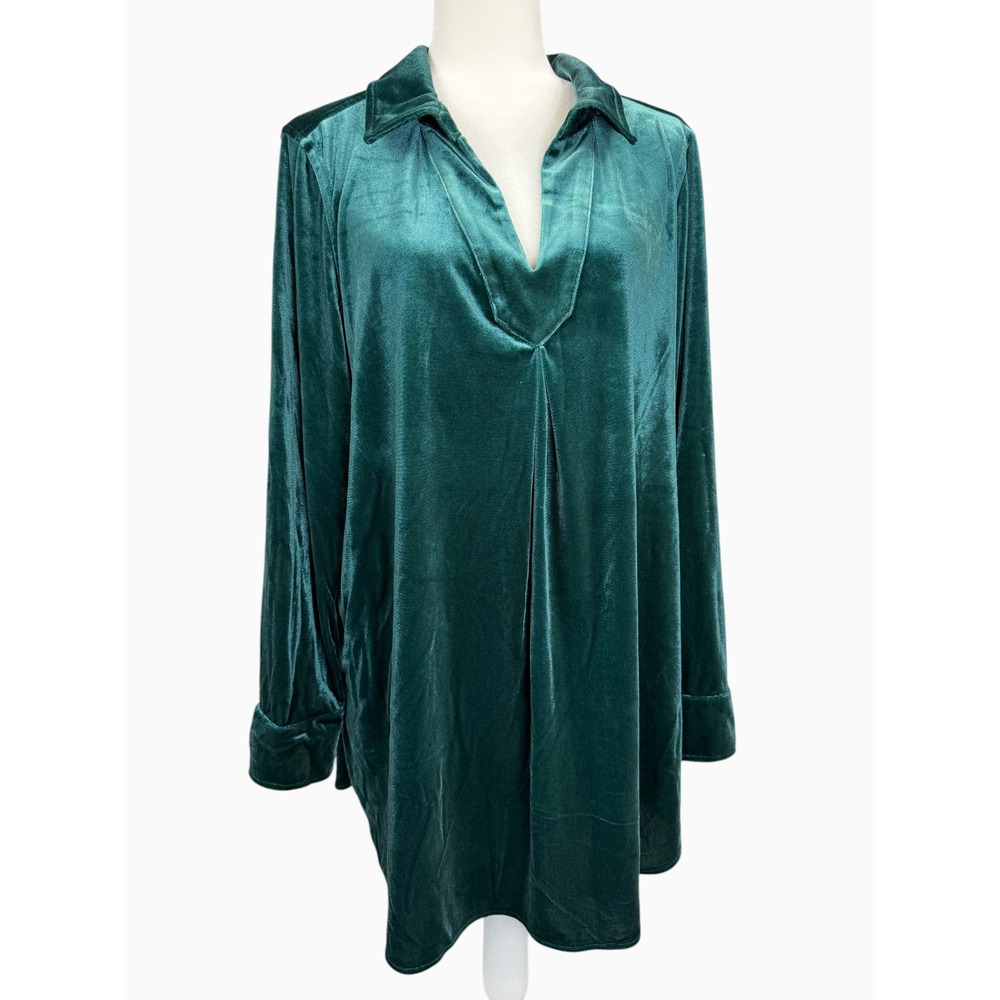 Intro. Women's 2X Emerald Green Velvet Tunic Top Collared V-Neck Stretch Blouse